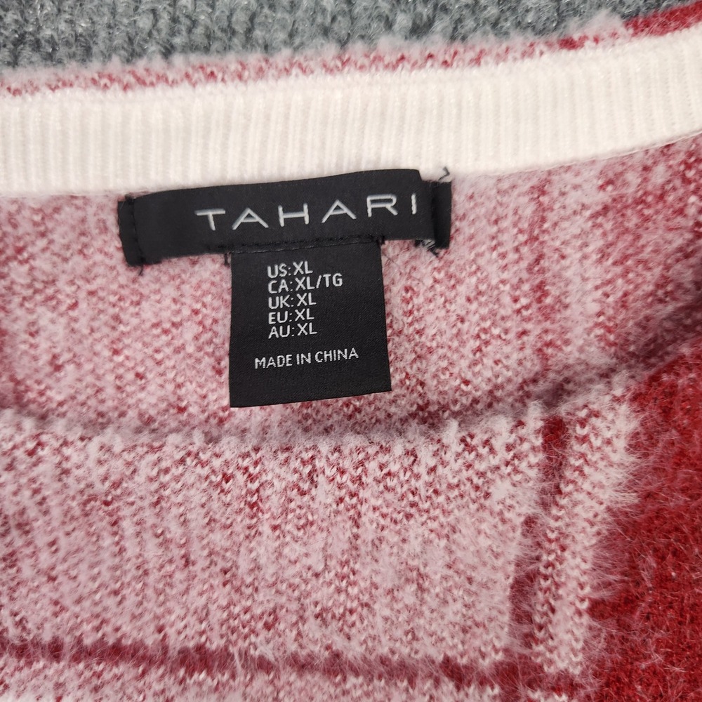 Tahari Womens XL Red Pink Buffalo Plaid Fuzzy Eyelash Knit Pullover Sweater SOFT - Picture 8 of 8